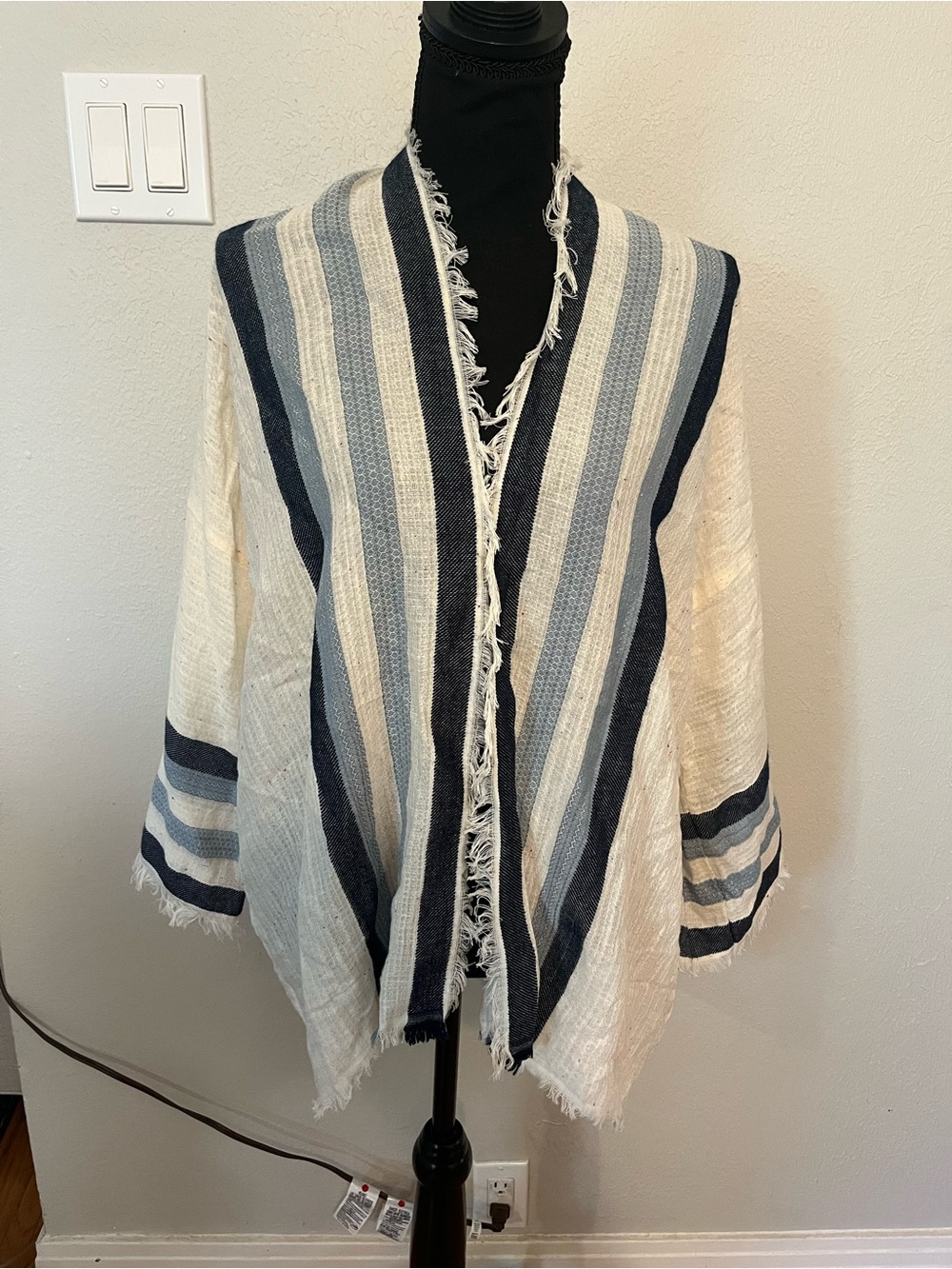 Michael Stars Striped Fringe Kimono Poncho Women's Open Front Cover Up